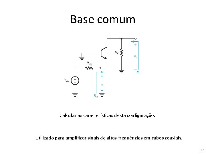 Base comum Calcular as características desta configuração. Utilizado para amplificar sinais de altas-frequências em Base comum Calcular as características desta configuração. Utilizado para amplificar sinais de altas-frequências em
