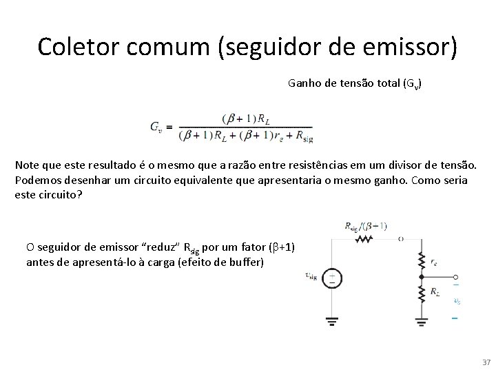 Coletor comum (seguidor de emissor) Ganho de tensão total (Gv) Note que este resultado Coletor comum (seguidor de emissor) Ganho de tensão total (Gv) Note que este resultado