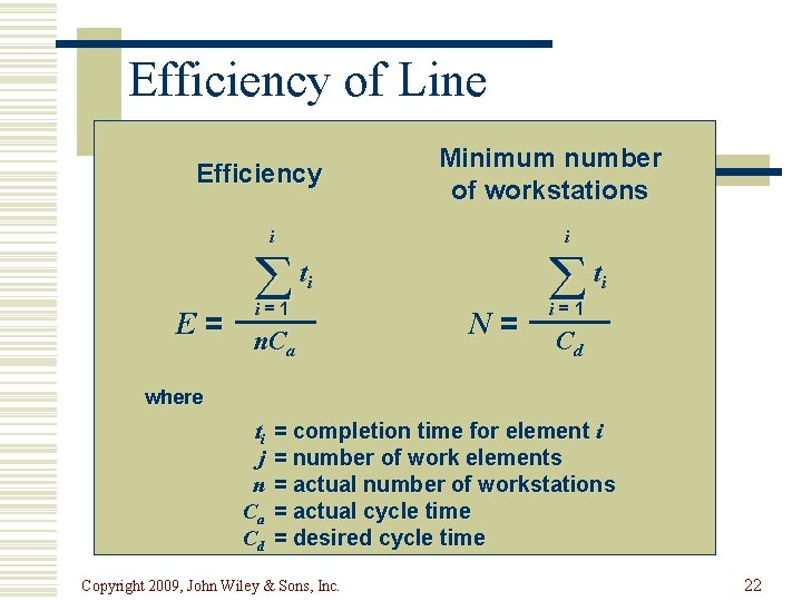 Efficiency of Line Efficiency Minimum number of workstations i t i i i=1 E