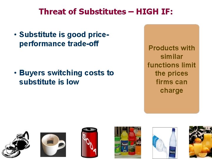 Threat of Substitutes – HIGH IF: • Substitute is good priceperformance trade-off • Buyers Threat of Substitutes – HIGH IF: • Substitute is good priceperformance trade-off • Buyers