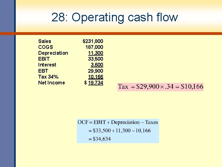 28: Operating cash flow Sales COGS Depreciation EBIT Interest EBT Tax 34% Net Income 28: Operating cash flow Sales COGS Depreciation EBIT Interest EBT Tax 34% Net Income