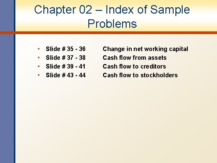 Chapter 02 – Index of Sample Problems • • Slide # 35 - 36 Chapter 02 – Index of Sample Problems • • Slide # 35 - 36