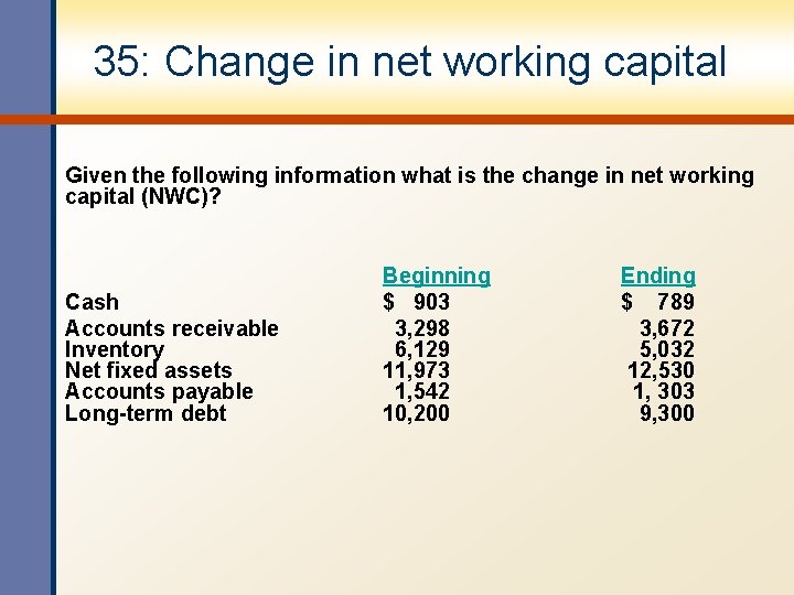 35: Change in net working capital Given the following information what is the change 35: Change in net working capital Given the following information what is the change