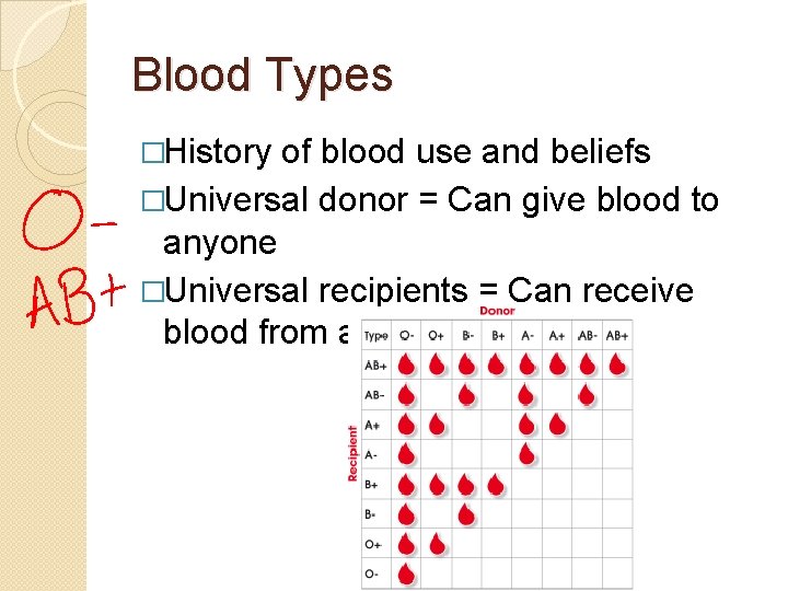 Blood Types �History of blood use and beliefs �Universal donor = Can give blood