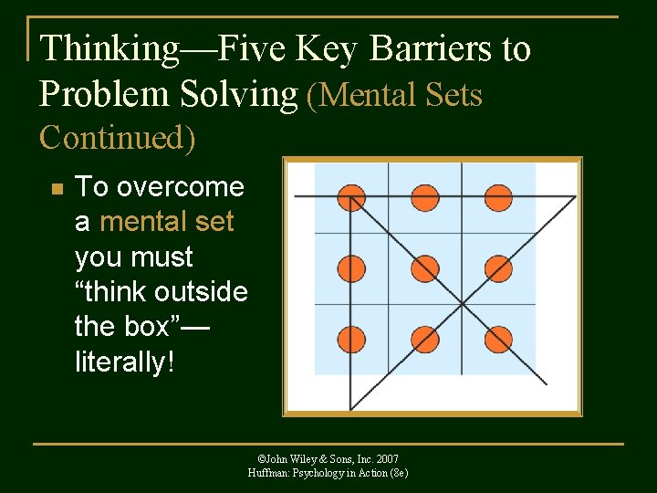 Thinking—Five Key Barriers to Problem Solving (Mental Sets Continued) n To overcome a mental