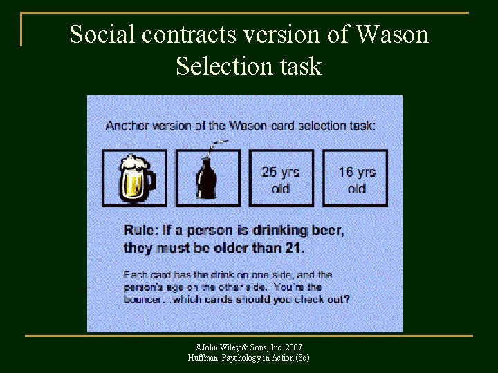 Social contracts version of Wason Selection task ©John Wiley & Sons, Inc. 2007 Huffman: