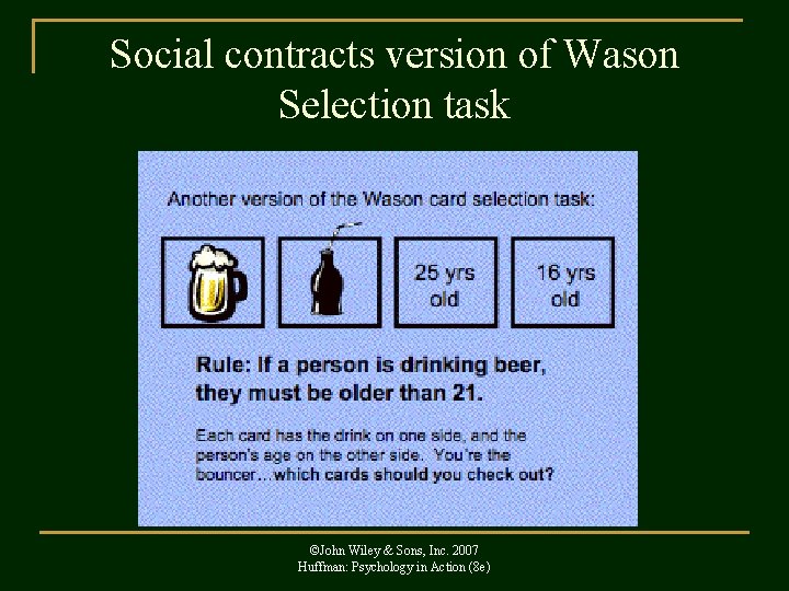 Social contracts version of Wason Selection task ©John Wiley & Sons, Inc. 2007 Huffman: