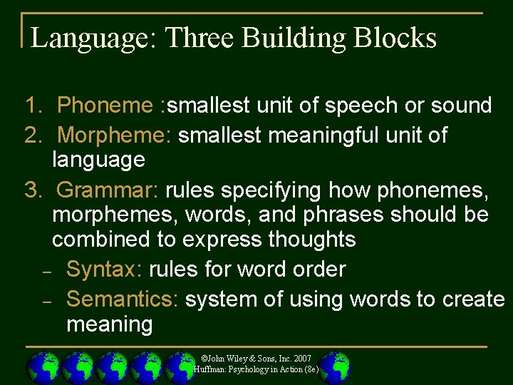 Language: Three Building Blocks 1. Phoneme : smallest unit of speech or sound 2.
