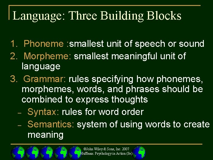 Language: Three Building Blocks 1. Phoneme : smallest unit of speech or sound 2.