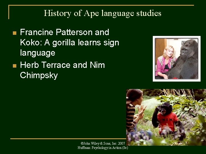 History of Ape language studies n n Francine Patterson and Koko: A gorilla learns