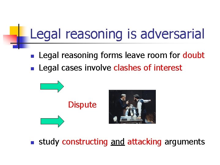 Legal reasoning is adversarial n n Legal reasoning forms leave room for doubt Legal