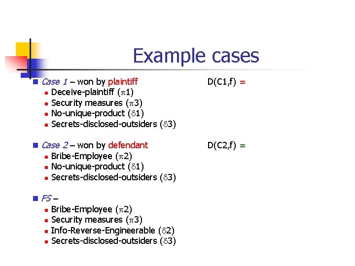 Example cases n Case 1 – won by plaintiff n Deceive-plaintiff (p 1) n