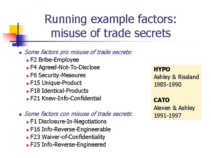 Running example factors: misuse of trade secrets n Some factors pro misuse of trade