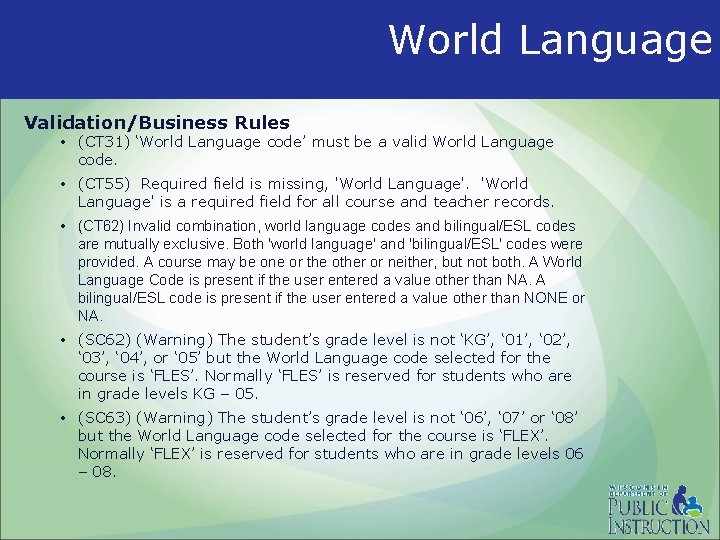 World Language Validation/Business Rules • (CT 31) ‘World Language code’ must be a valid