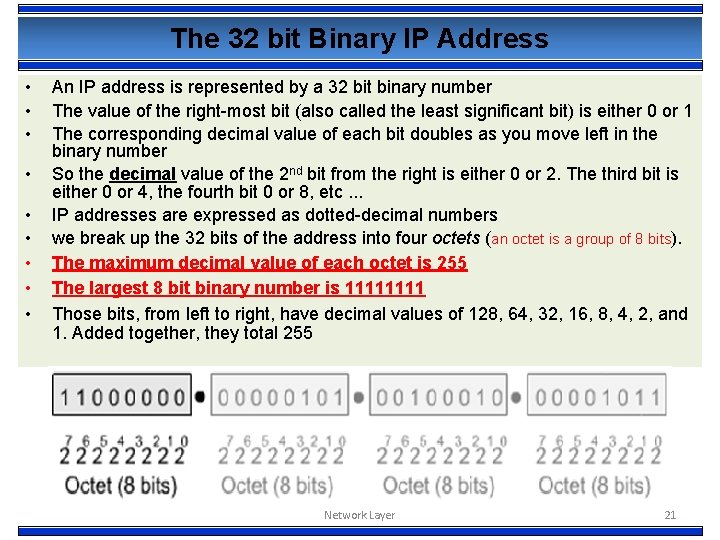 The 32 bit Binary IP Address • • • An IP address is represented