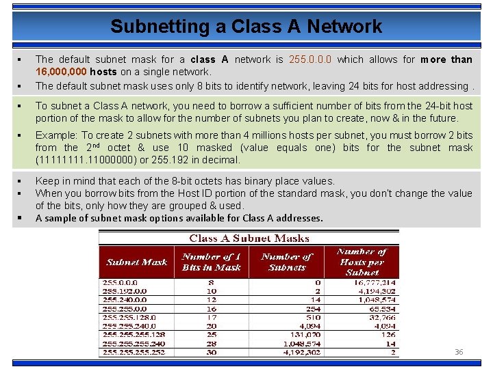 Subnetting a Class A Network § § The default subnet mask for a class