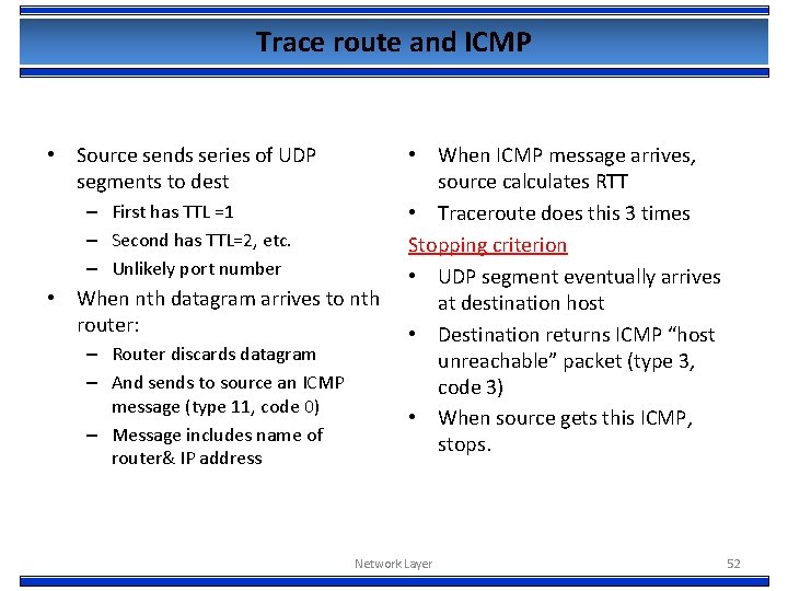 Trace route and ICMP • Source sends series of UDP segments to dest –