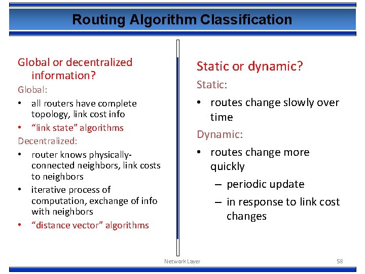 Routing Algorithm Classification Global or decentralized information? Global: • all routers have complete topology,