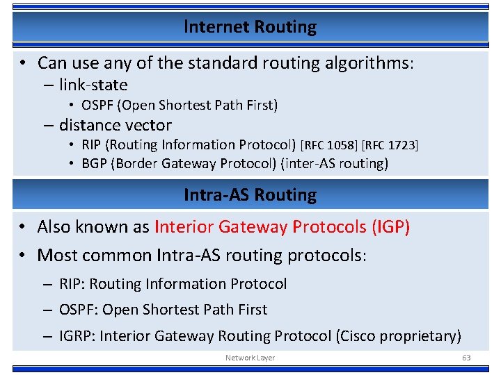 lnternet Routing • Can use any of the standard routing algorithms: – link-state •