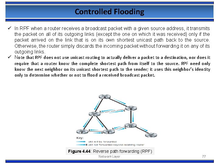 Controlled Flooding ü In RPF when a router receives a broadcast packet with a