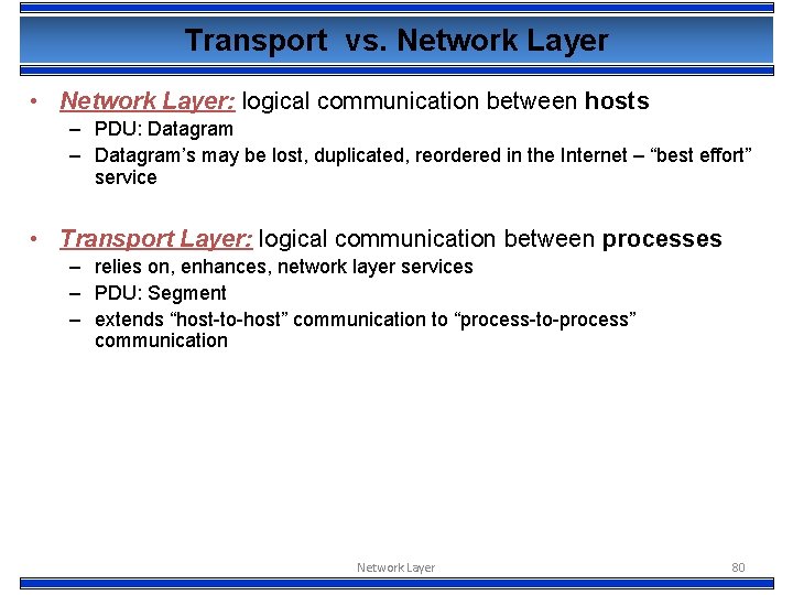 Transport vs. Network Layer • Network Layer: logical communication between hosts – PDU: Datagram