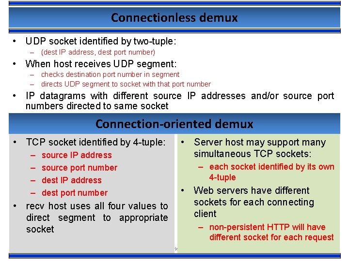 Connectionless demux • UDP socket identified by two-tuple: – (dest IP address, dest port