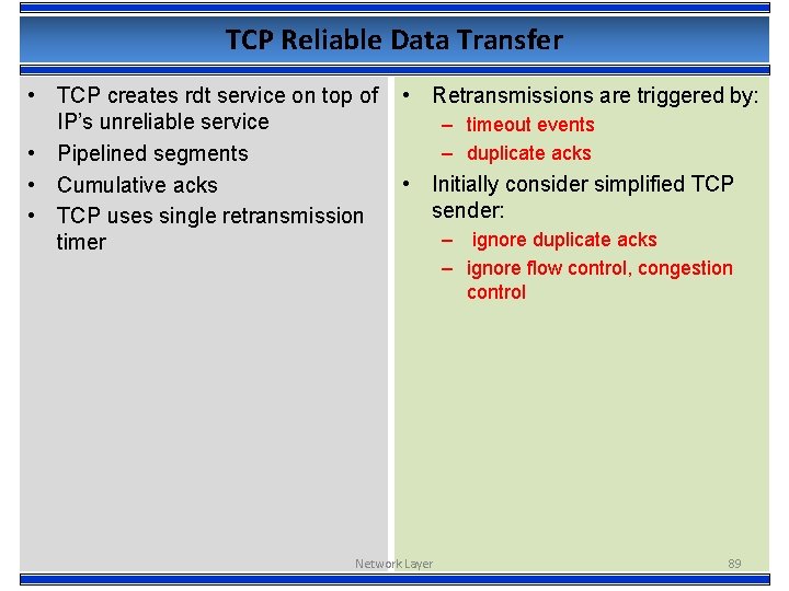 TCP Reliable Data Transfer • TCP creates rdt service on top of • Retransmissions