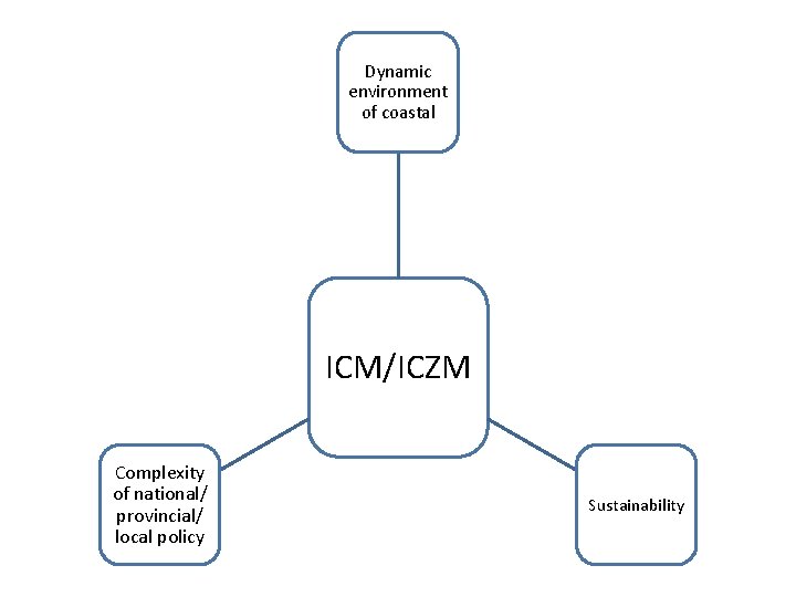 Dynamic environment of coastal ICM/ICZM Complexity of national/ provincial/ local policy Sustainability 