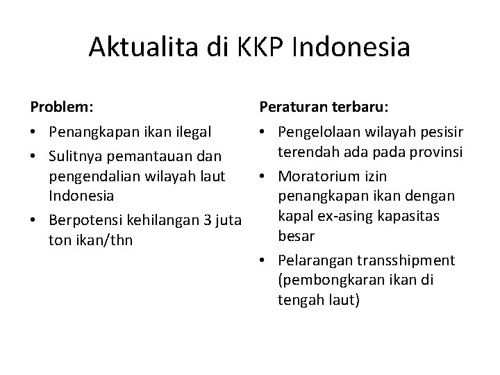 Aktualita di KKP Indonesia Problem: Peraturan terbaru: • Penangkapan ikan ilegal • Sulitnya pemantauan