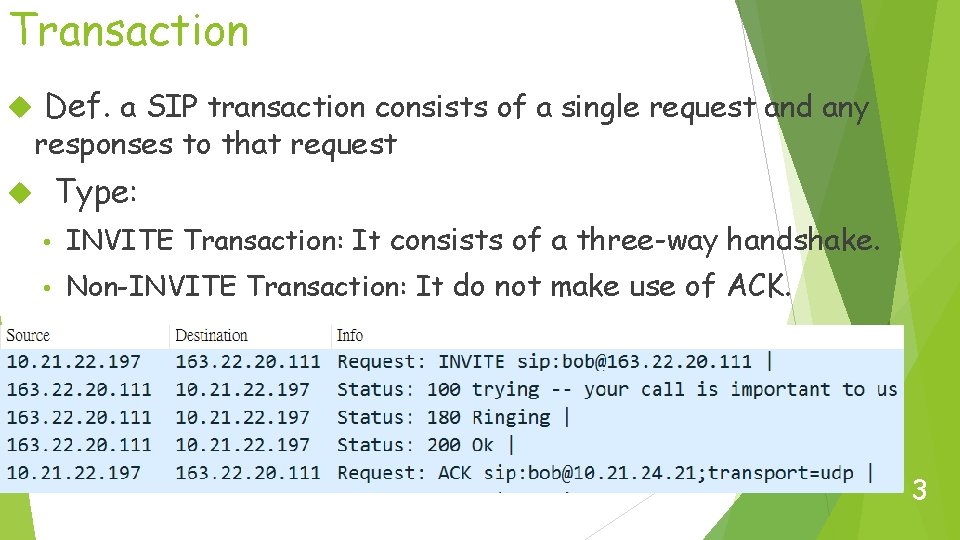 Transaction Def. a SIP transaction consists of a single request and any responses to