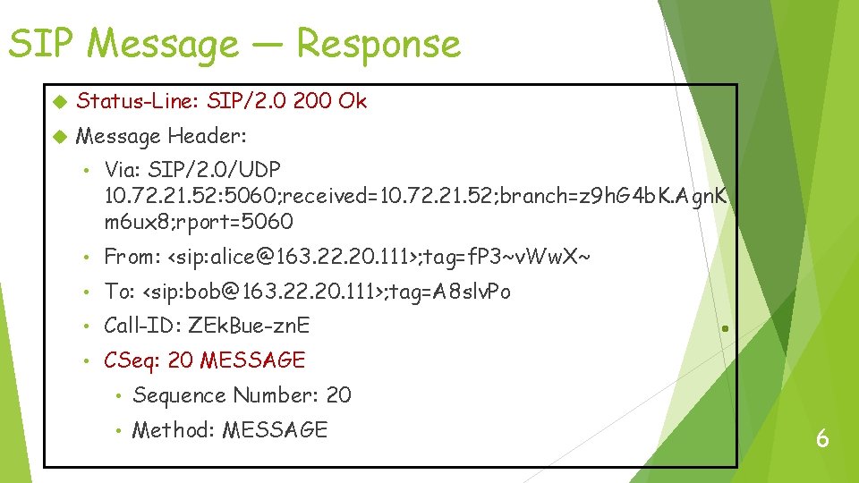 SIP Message — Response Status-Line: SIP/2. 0 200 Ok Message Header: • Via: SIP/2.