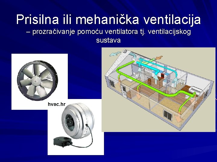 Prisilna ili mehanička ventilacija – prozračivanje pomoću ventilatora tj. ventilacijskog sustava 
