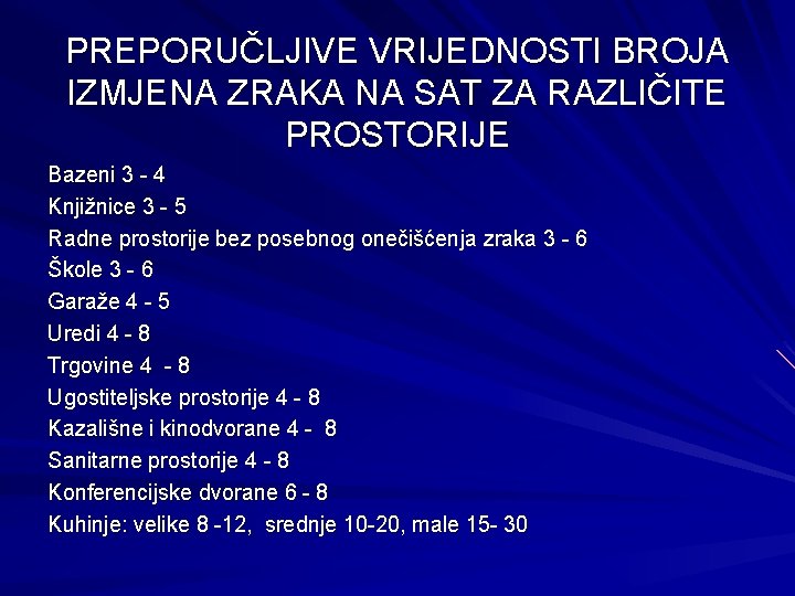 PREPORUČLJIVE VRIJEDNOSTI BROJA IZMJENA ZRAKA NA SAT ZA RAZLIČITE PROSTORIJE Bazeni 3 - 4