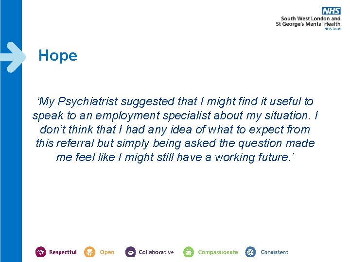 Hope ‘My Psychiatrist suggested that I might find it useful to speak to an Hope ‘My Psychiatrist suggested that I might find it useful to speak to an