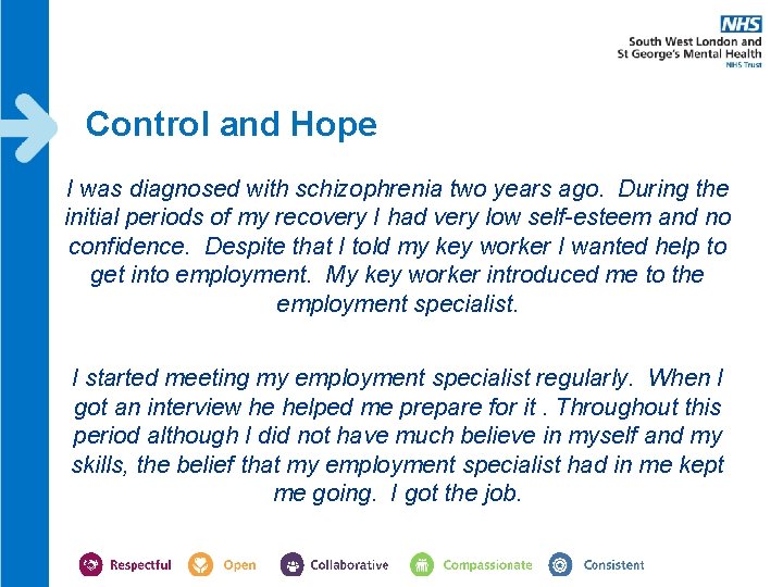 Control and Hope I was diagnosed with schizophrenia two years ago. During the initial Control and Hope I was diagnosed with schizophrenia two years ago. During the initial