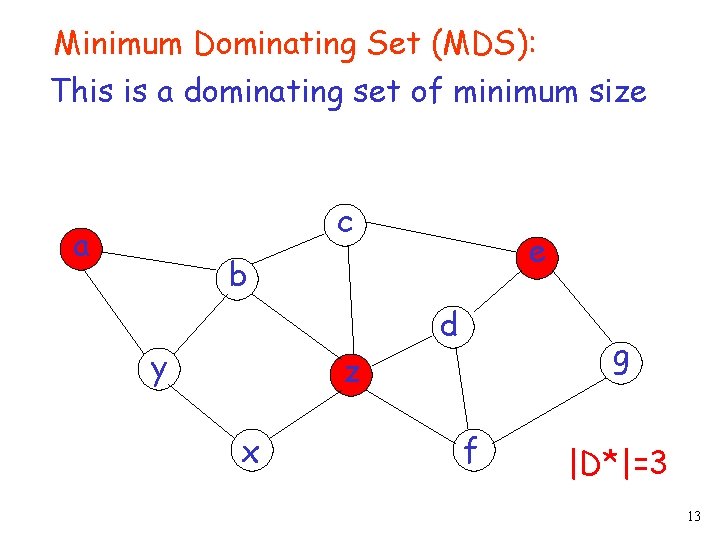 Minimum Dominating Set (MDS): This is a dominating set of minimum size c a