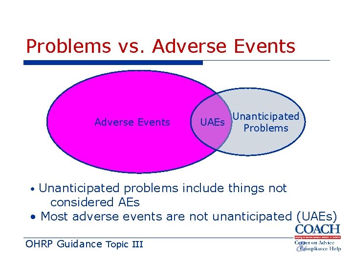 Problems vs. Adverse Events UAEs Unanticipated Problems • Unanticipated problems include things not considered