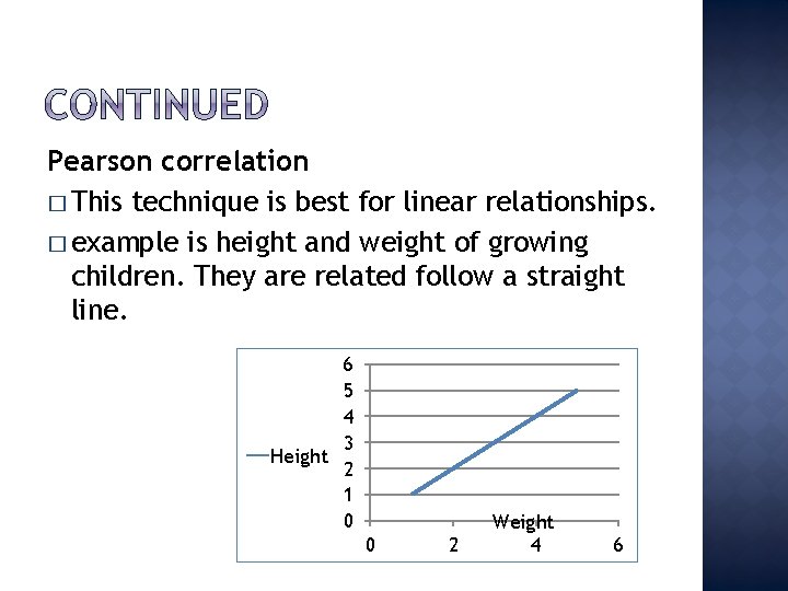 Pearson correlation � This technique is best for linear relationships. � example is height