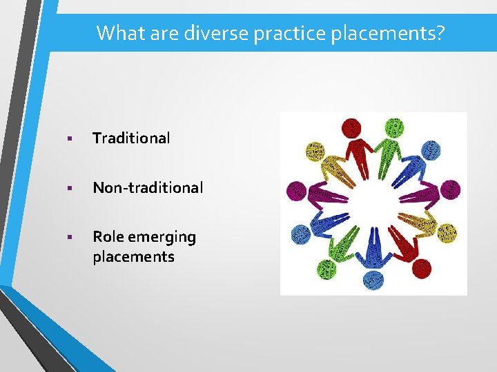 What are diverse practice placements? § Traditional § Non-traditional § Role emerging placements 