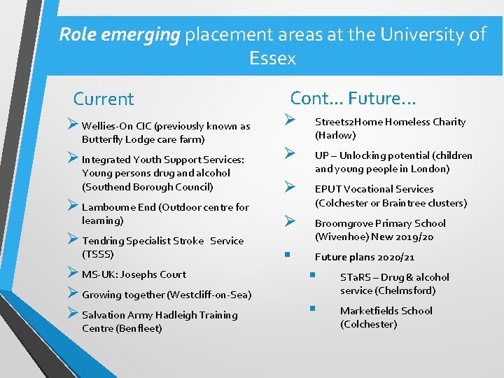 Role emerging placement areas at the University of Essex Current Cont. . . Future.
