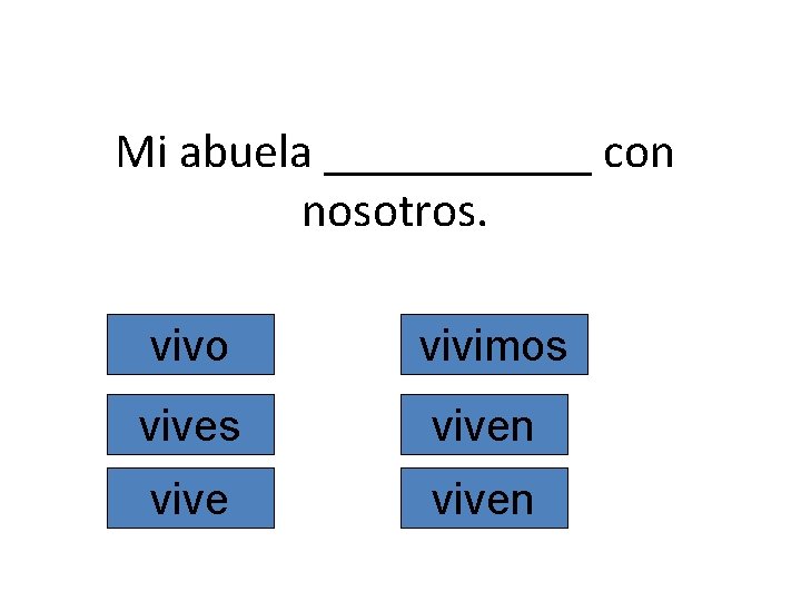 Mi abuela ______ con nosotros. vivo vivimos viven 