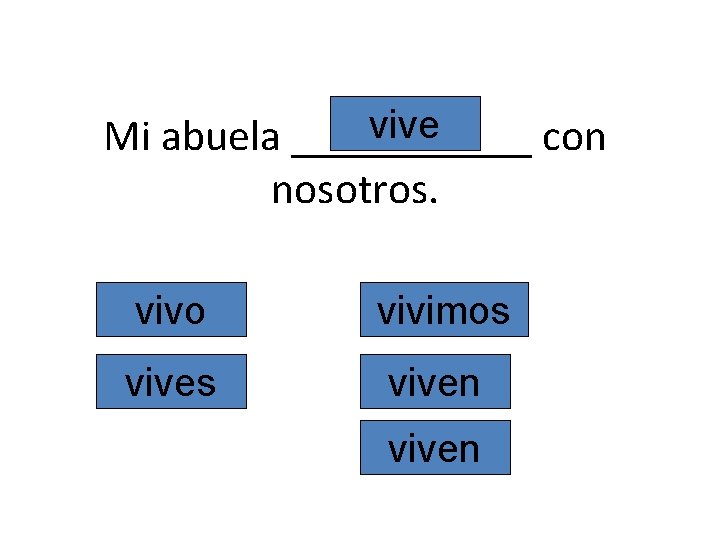 vive Mi abuela ______ con nosotros. vivo vivimos viven 