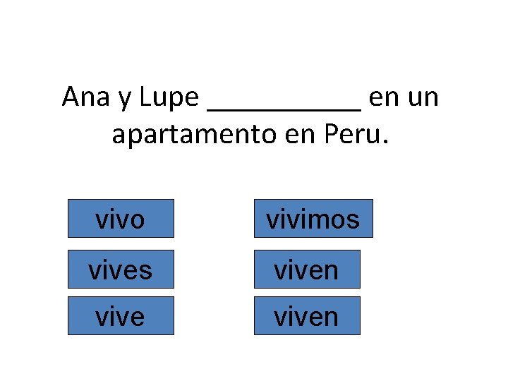 Ana y Lupe _____ en un apartamento en Peru. vivo vivimos viven 