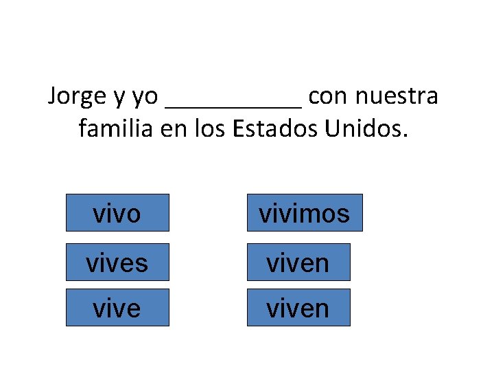 Jorge y yo _____ con nuestra familia en los Estados Unidos. vivo vivimos viven