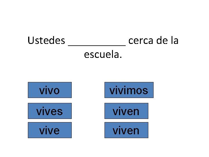 Ustedes _____ cerca de la escuela. vivo vivimos viven 