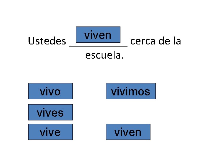 viven Ustedes _____ cerca de la escuela. vivo vivimos viven 