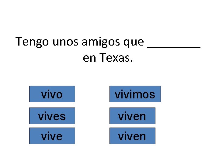 Tengo unos amigos que ____ en Texas. vivo vivimos viven 