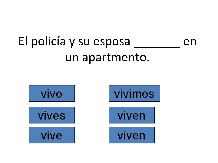 El policía y su esposa _______ en un apartmento. vivo vivimos viven 