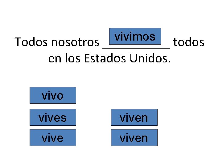 vivimos Todos nosotros _____ todos en los Estados Unidos. vivo vives viven 