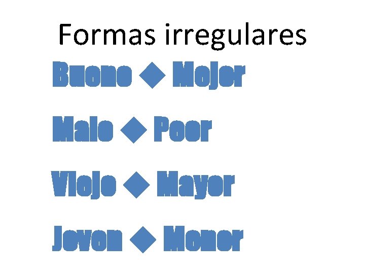 Formas irregulares Bueno Mejor Malo Peor Viejo Mayor Joven Menor 